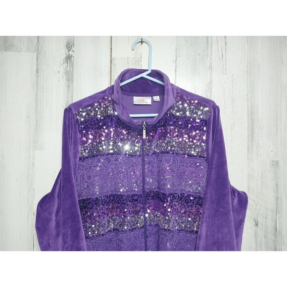 Quaker Factory Purple Velour Striped Sequin XL Full Zip - Picture 3 of 4